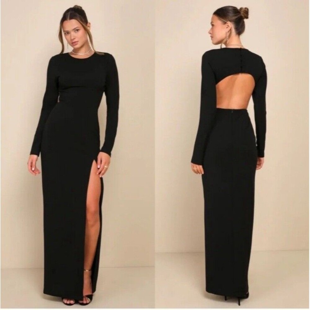 Lulus Flawless Esteem Black Long Sleeve Cutout Column Maxi Dress NWOT Size XS
